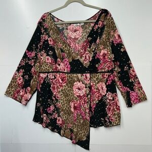 Cato Woman Plus Size‎ 22/24 Floral Leopard sparkle Asymmetrical Wrap Top Pink